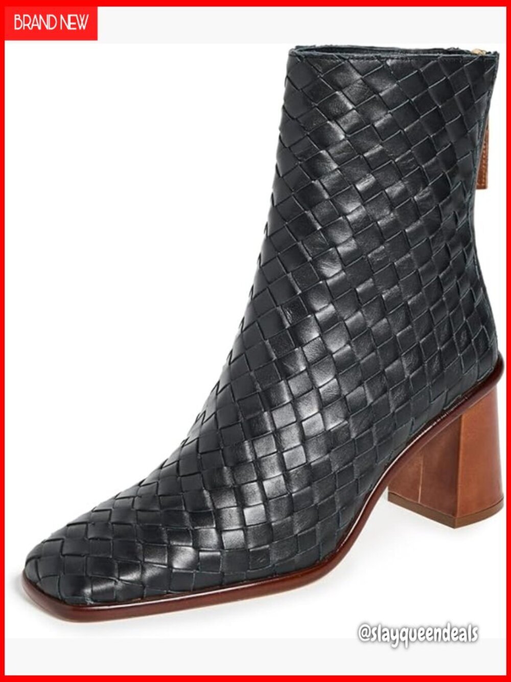 Leather Square Toe Ankle Boots with Woven Design Block Heel